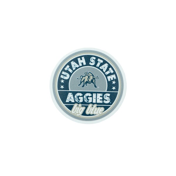 STICKER ARCHED UTAH STATE BULL IN MIDDLE AGGIES AND BIG BLUE BELOW